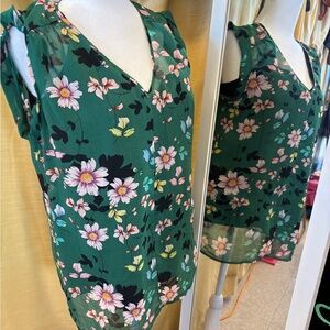 CAbi Green Floral V-Neck Blouse